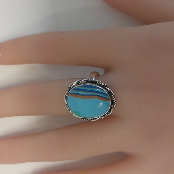 Rainbow Calsilica Stone 925 Silver Ring - Size 8 3/4 - Picture 7 of 7